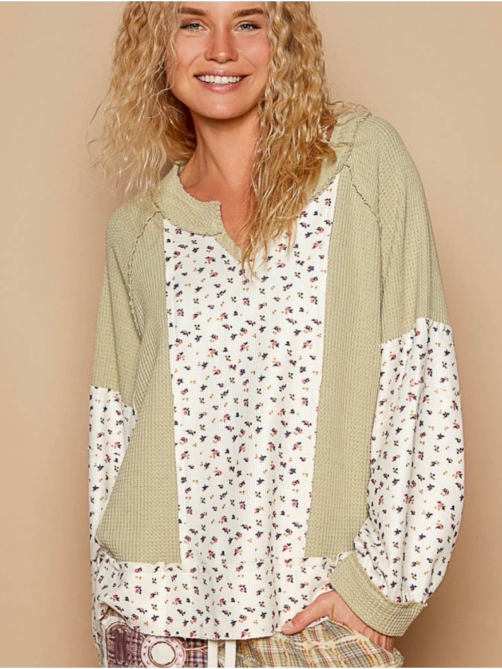 POL Floral Patchwork Waffle Knit Pullover Top - Sage & Cream…Oversized